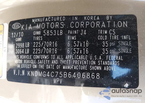 2011 Kia Sedona Lx z USA, uszkodzony, nr VIN KNDMG4C75B6406868